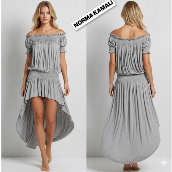 Norma Kamali Dresses & Skirts - Norma Kamali Peasant Hi-Low Dress | Light Grey Jersey | Off-Shoulder Size S